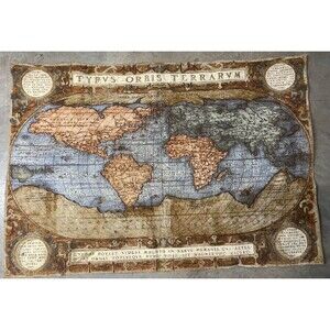 VTG Typus Orbis Terrarum Map of Known World Loom Woven Tapestry 50"L x 34-3/4"W